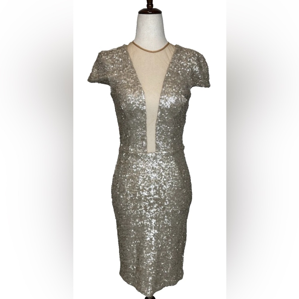 Dress The Population Kylie Illusion Sequin Dress Small Champagne Gold - Picture 2 of 9